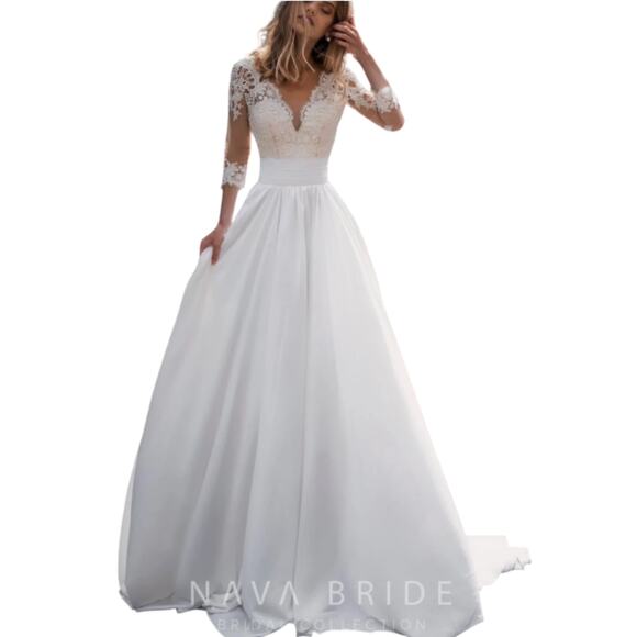 Nava Bride Wedding Dress Lace v-necklace 3/4 Sleeve, Vintage Inspired Sz 12 NWT! - Picture 3 of 9